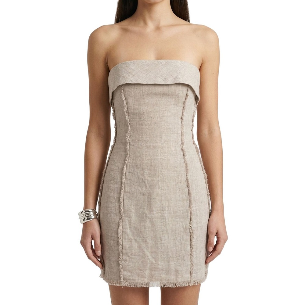 Reformation Zara Linen Mini Dress Oatmeal Strapless Fringe 0
